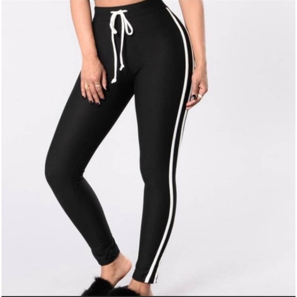 Fashion Nova Black Double White Striped Casual Active High Waisted Leggings - Picture 2 of 15